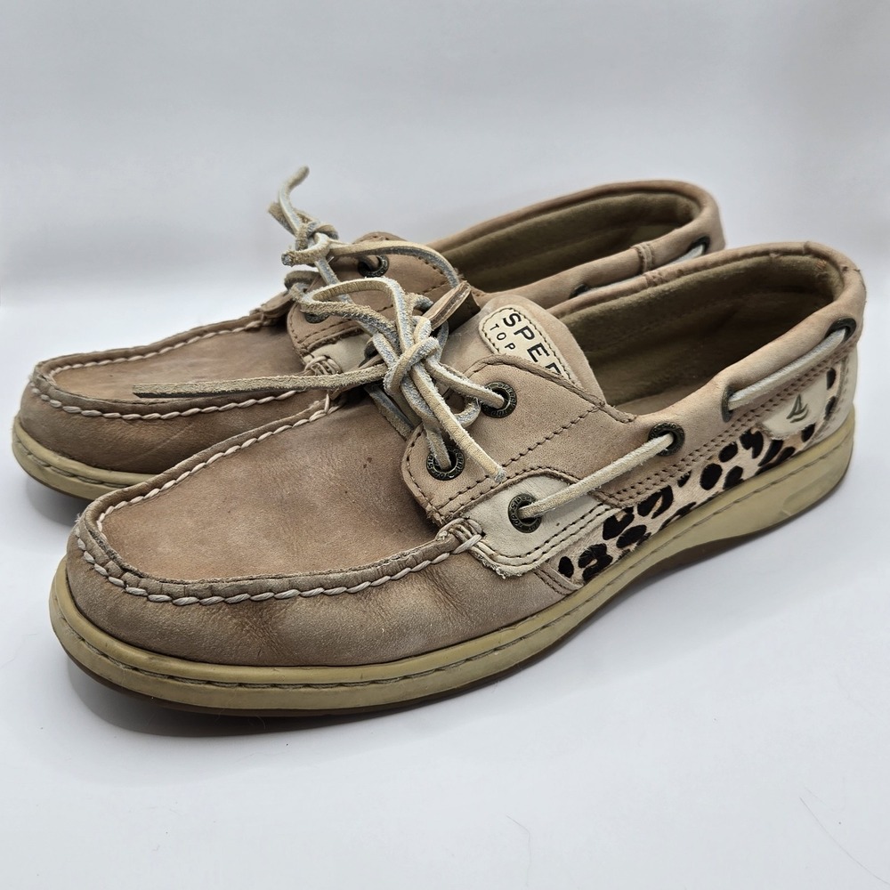 Sperry Top-Sider Women 8M Tan Leather Leopard Print Boat Shoes‎ 9173972 CH196